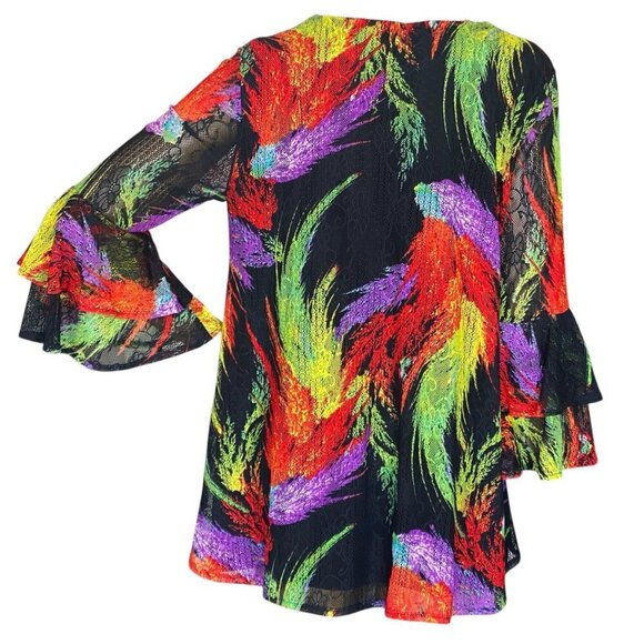 Calessa Colorful BOHO Layered Top Bell Ruffle Sleeve Sz L Feather Print #342D - Picture 5 of 8